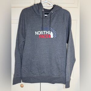 The North Face Men's large Gray Hoodie with red white and blue Logo